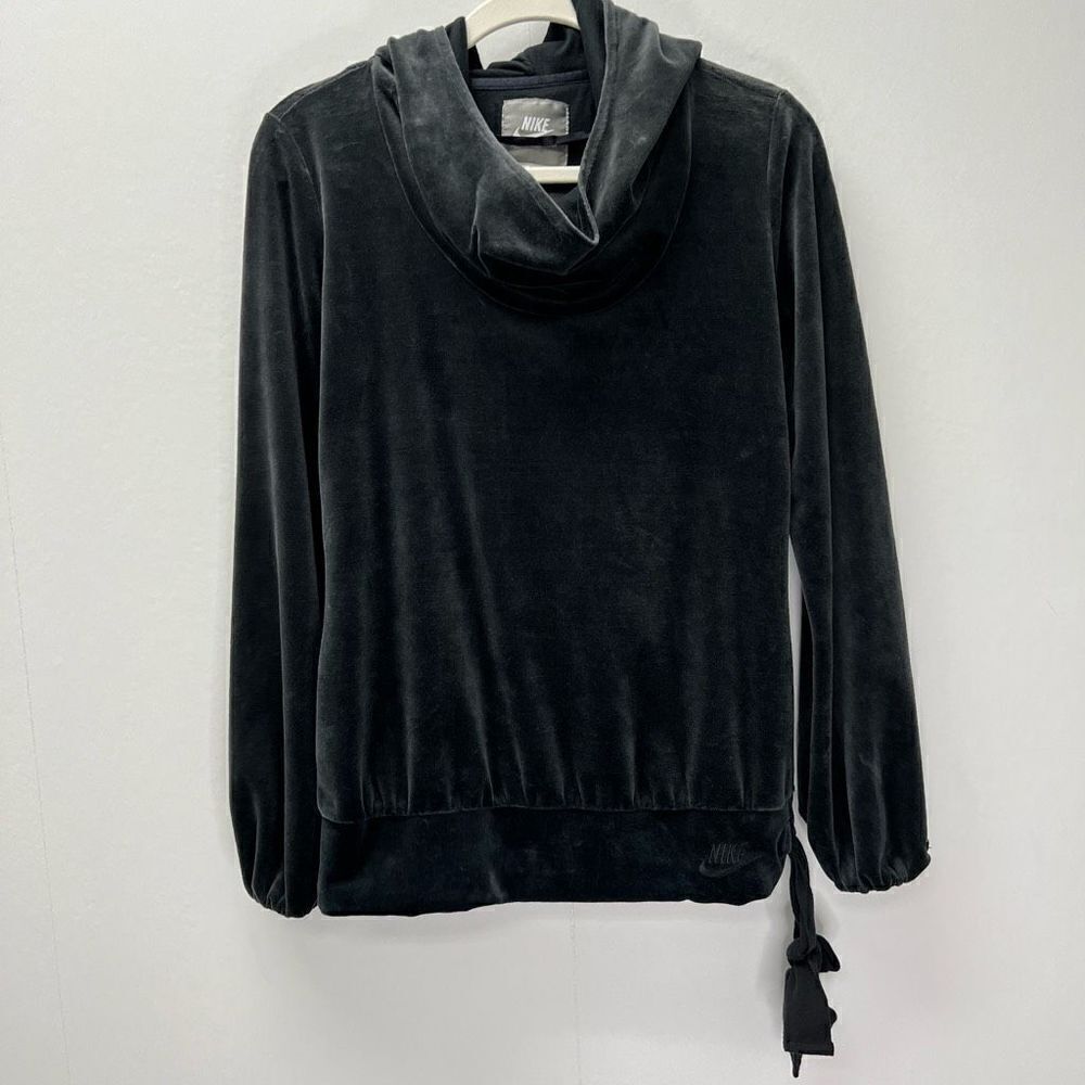 Nike Dark Gray Velvet Velour Hooded Cowl Neck Ribbon Drawstring Pullover Hoodie